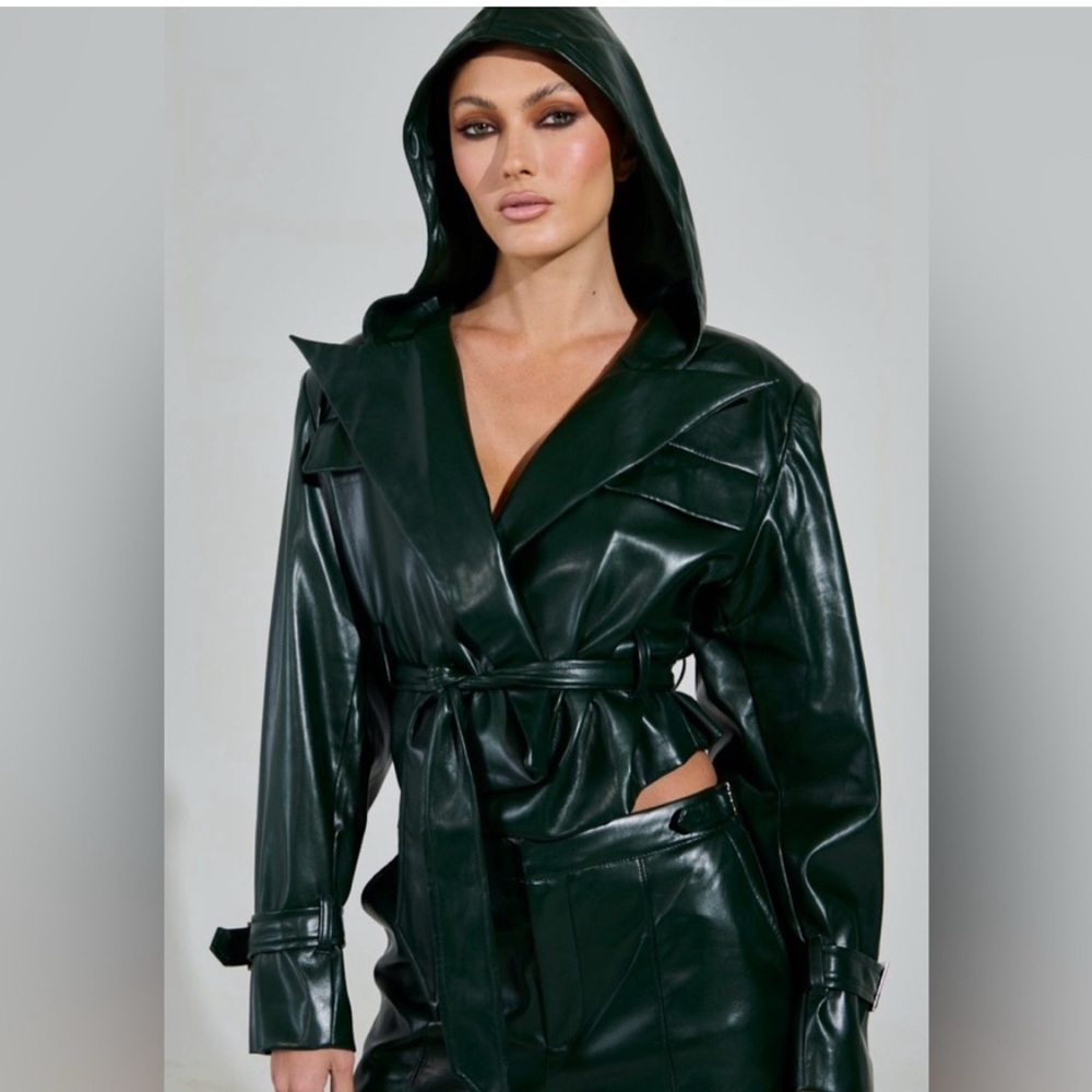 AKIRA Deep Green Faux Leather Butter Soft Jacket with Hood
